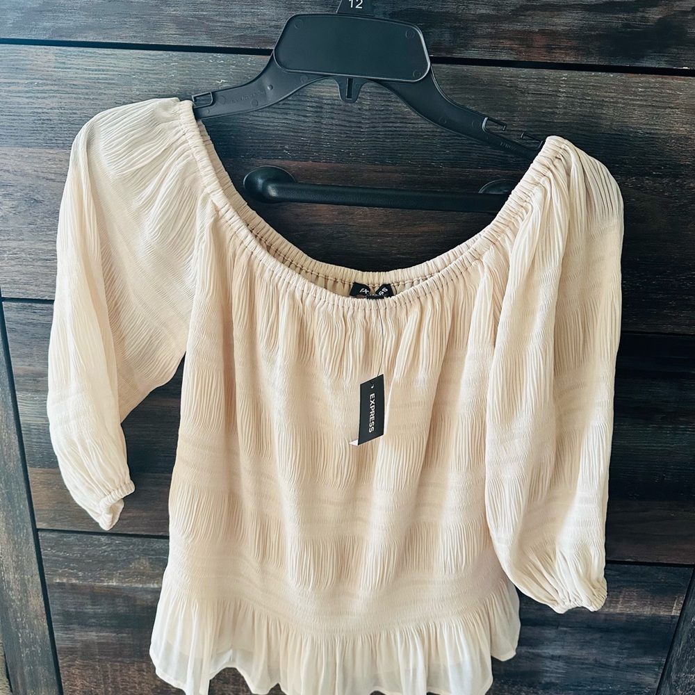 Express Cream Smocked Ruffled Blouse 3/4 Sleeve